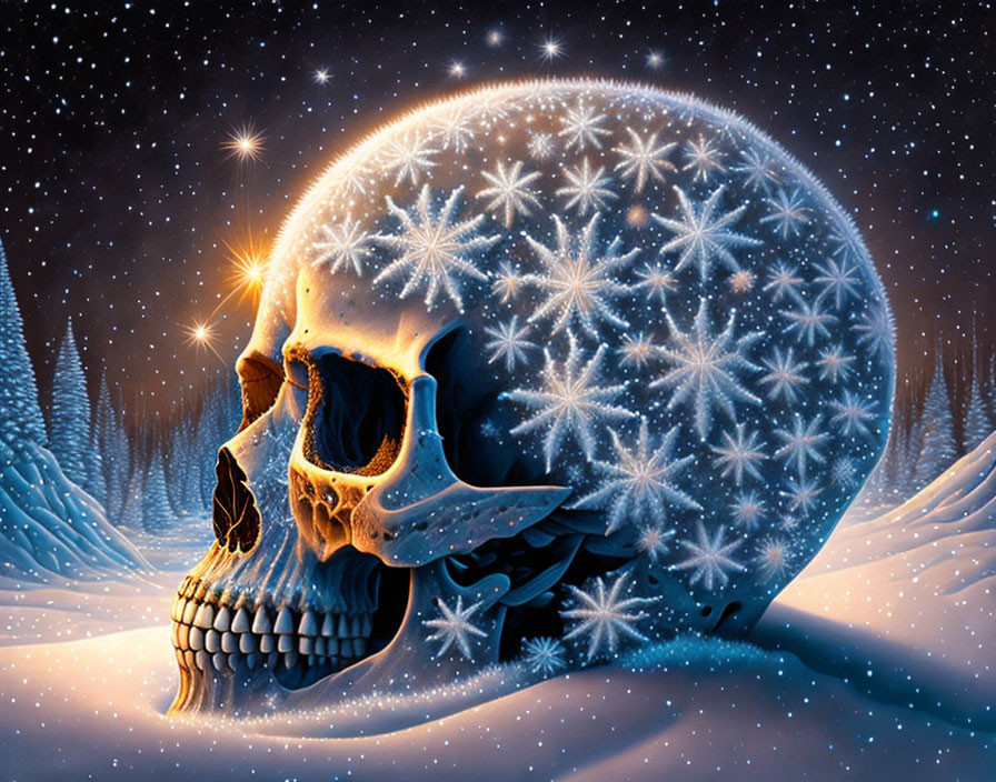 Glowing human skull in snowy landscape with star-lit sky