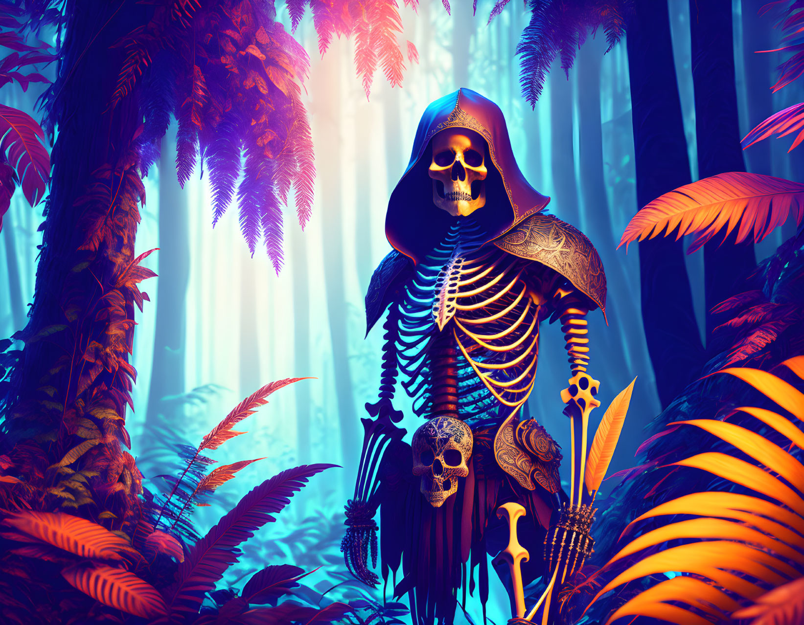 Skeleton in Red Cloak Holds Skull in Mystical Forest