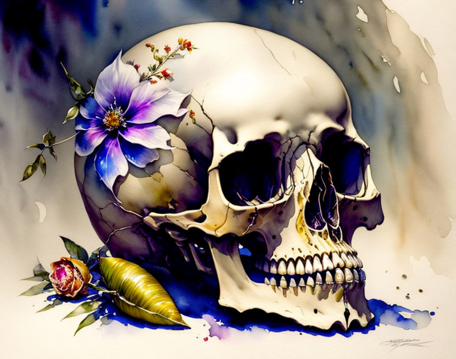 Skull with vibrant floral watercolor illustration