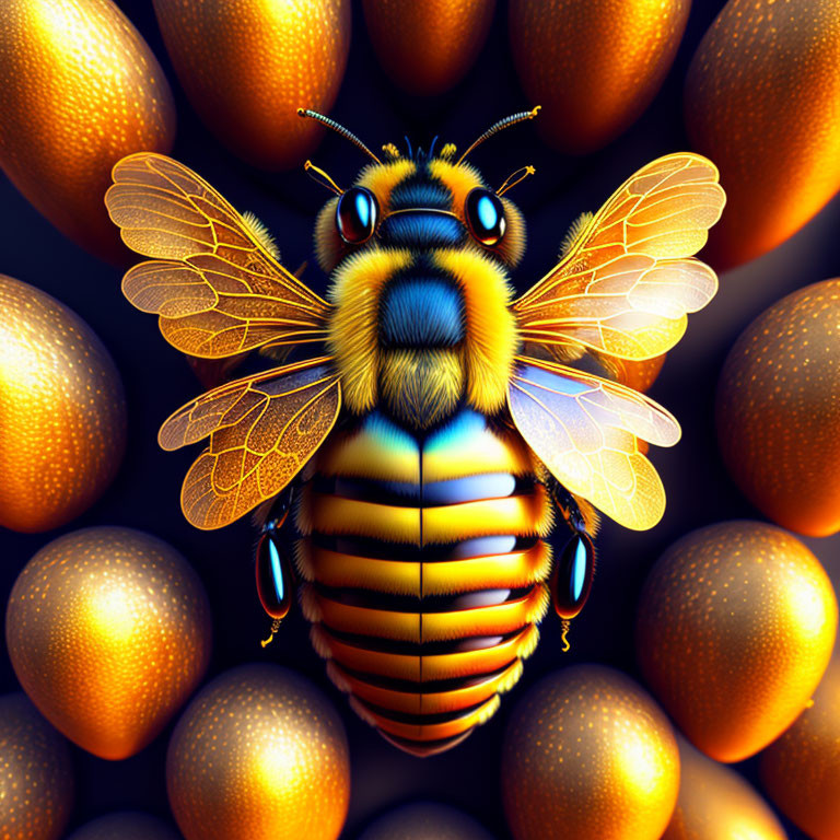 Detailed digital illustration of bee with intricate wings and body among golden orbs