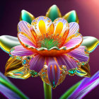 Colorful luminescent flower artwork on purple background