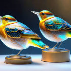 Colorful Glass Bird Sculptures on Pedestal with Intricate Patterns