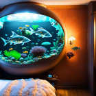 Colorful Fish and Corals in Skull-Shaped Aquarium on Table with Bookshelves