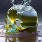 Green skull partially submerged in liquid with viscous fluid, 3D rendered image.