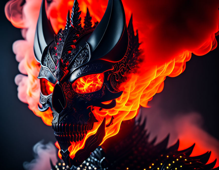 Intricate Dragon Mask with Glowing Red Eyes and Flames