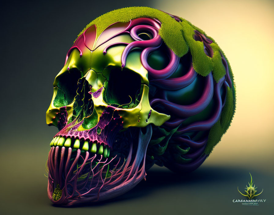 Vibrant human skull art with greenery and intricate patterns on gradient backdrop