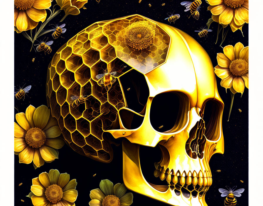 Golden skull with honeycomb texture and bees among yellow flowers on black background