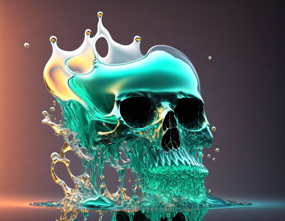 Digitally-rendered skull with liquid crown on dual-toned background