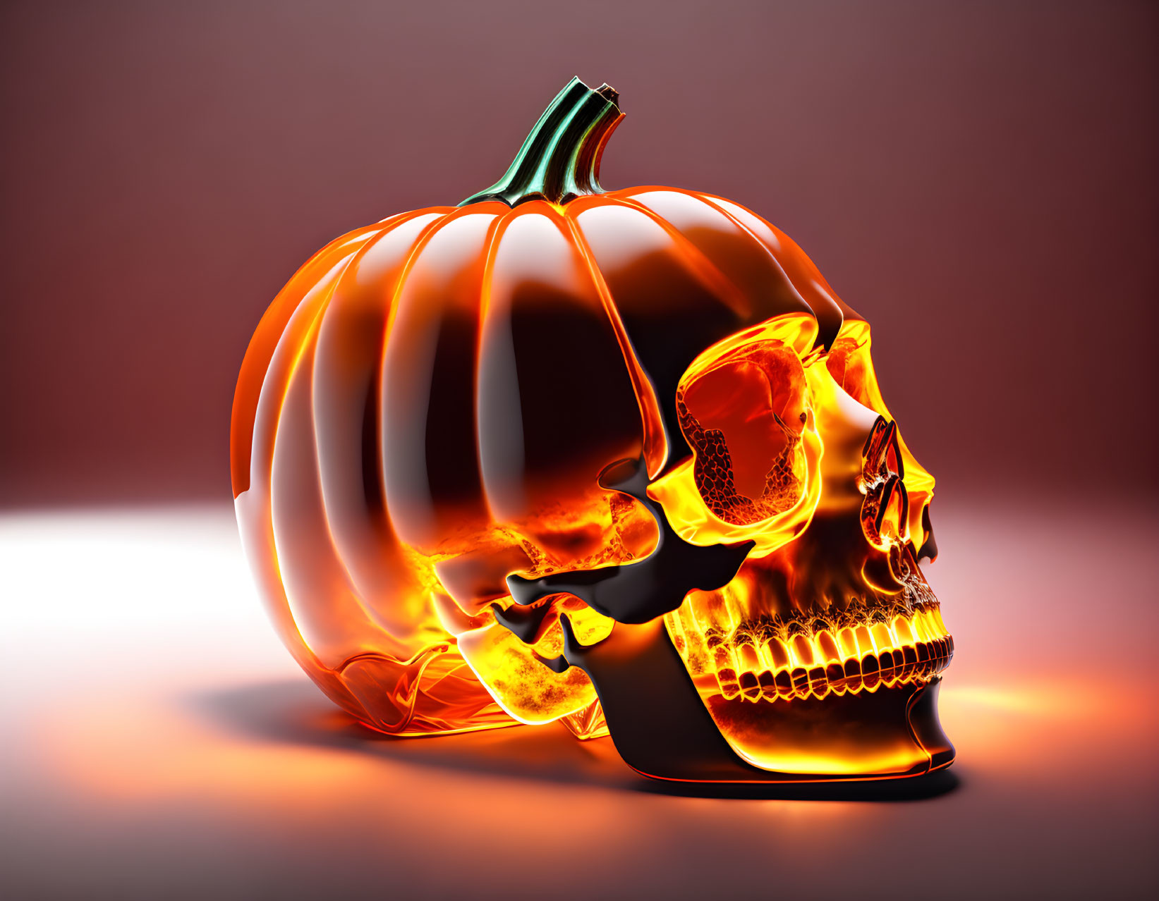 Translucent glowing pumpkin merged with human skull on dark red background