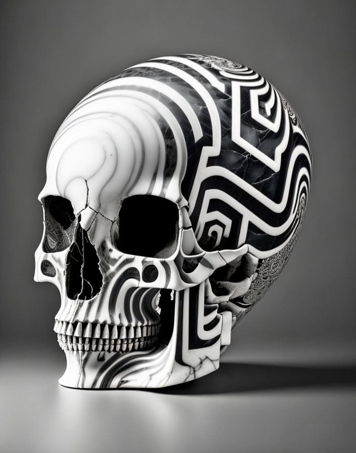 Intricately patterned skull on grey background