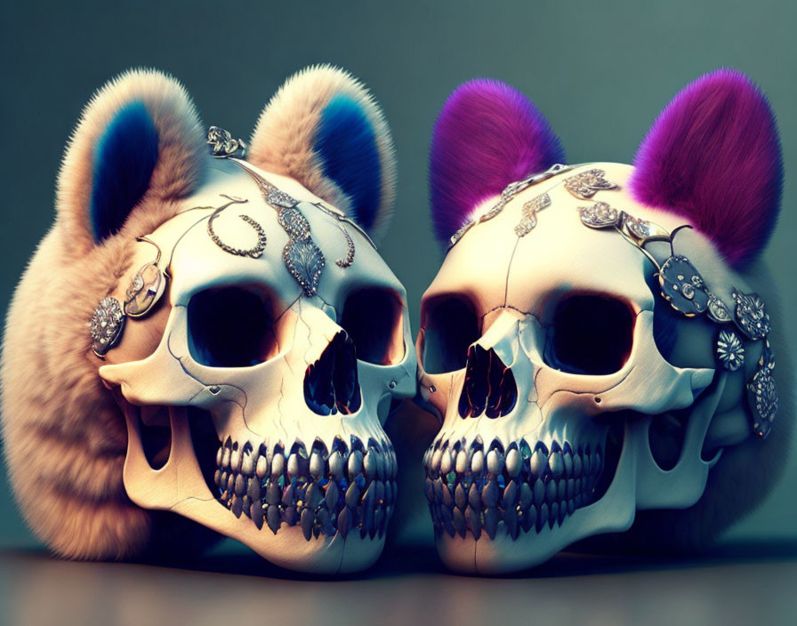 Ornate Skull Replicas with Fur and Jeweled Details