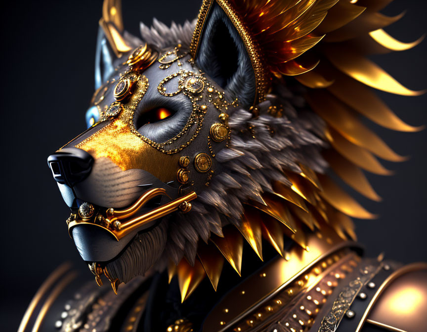 Stylized 3D wolf mask illustration with golden accents on dark background