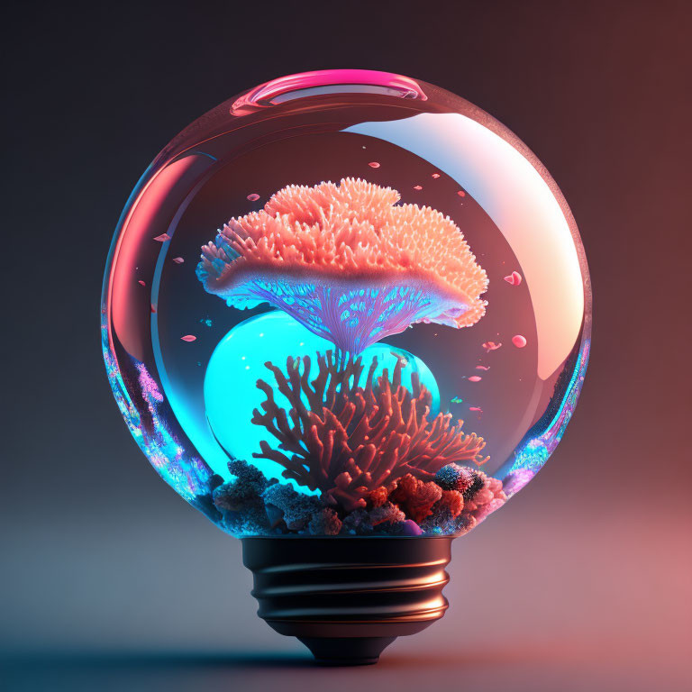 Colorful digital artwork: Corals and marine life in light bulb on gradient background