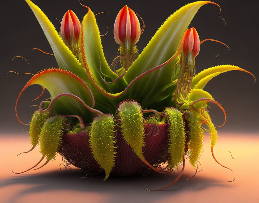 Vibrant surreal digital artwork of spiky green plant on gradient background