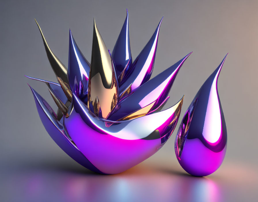 Shiny metallic 3D-rendered object in purple and silver with sharp petal-like protrusions