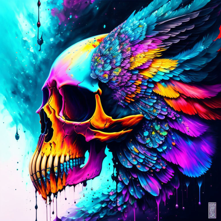 Colorful Skull with Multi-Hued Wings on Blue and Purple Background