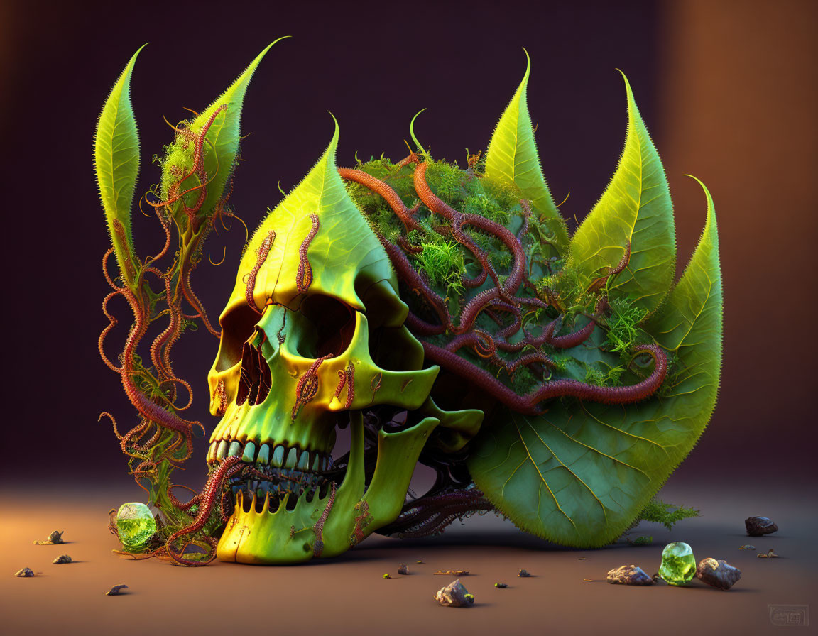 Skull covered in vibrant green vegetation and leaves.