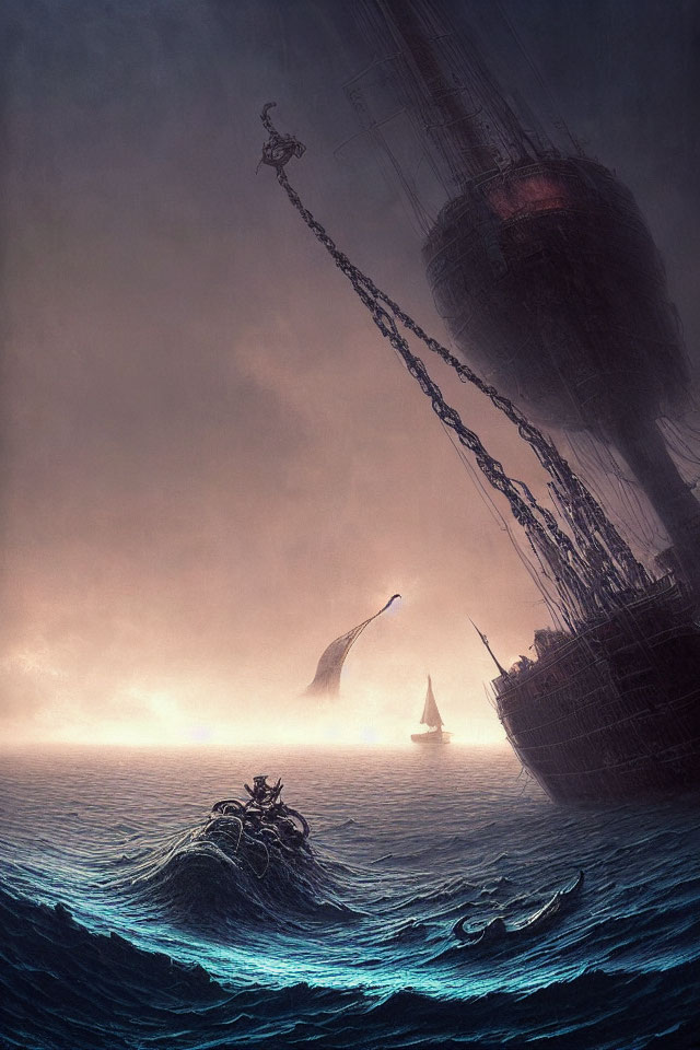 Fantastical art: Ship pulled by sea creature in gloomy sky