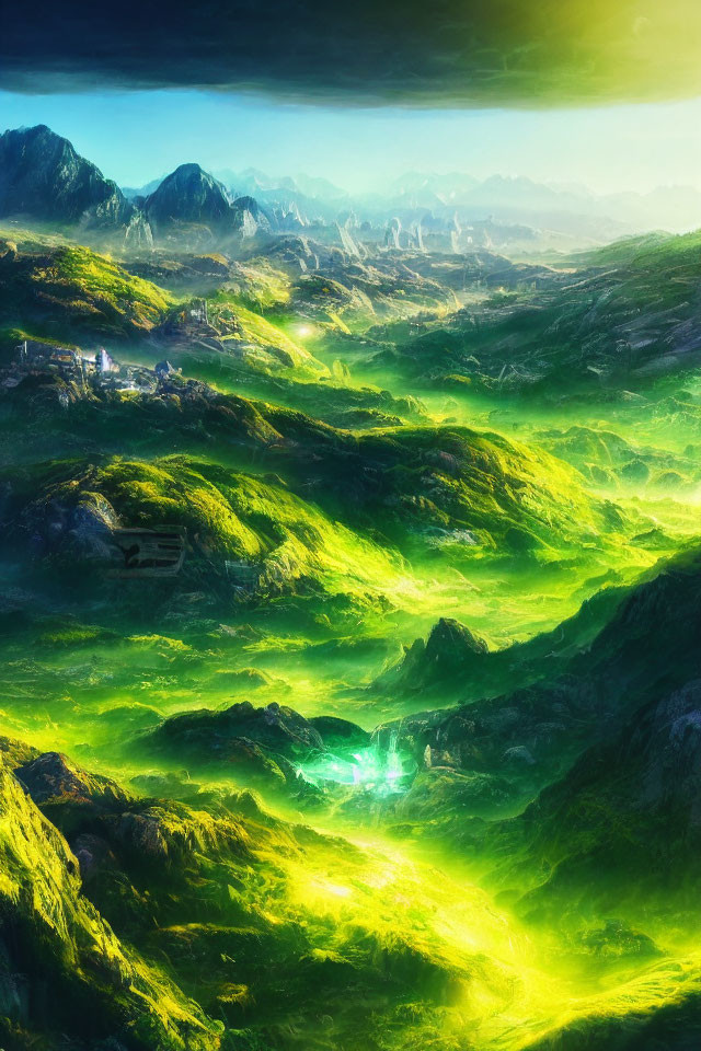 Majestic fantasy landscape with green hills, mountains, and glowing blue light