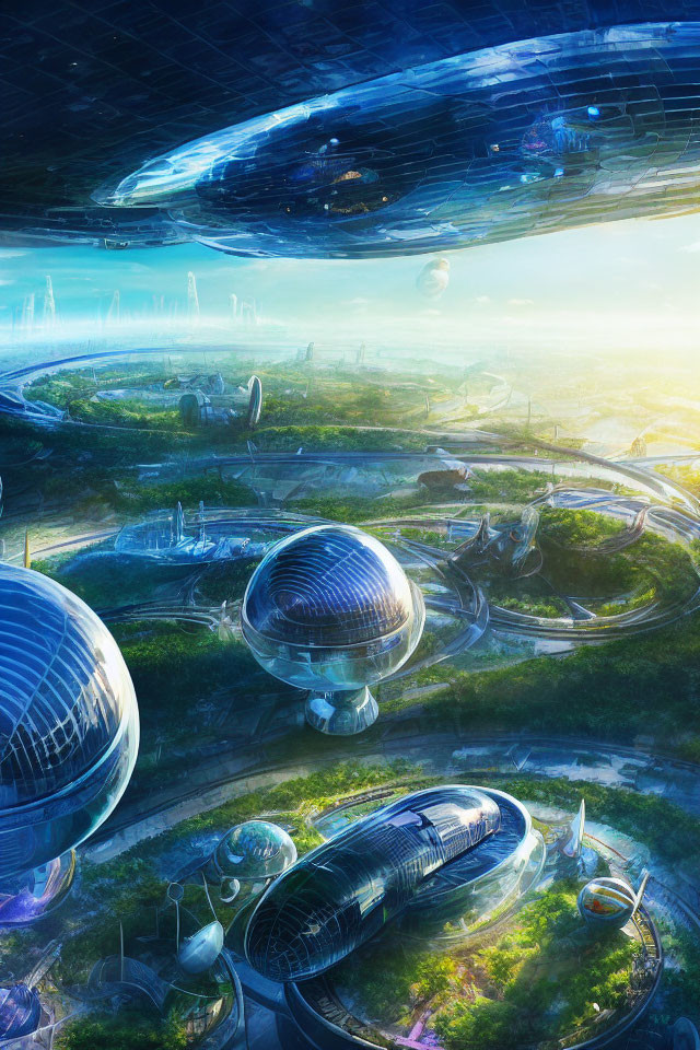 Futuristic cityscape with flying vehicles and advanced architecture