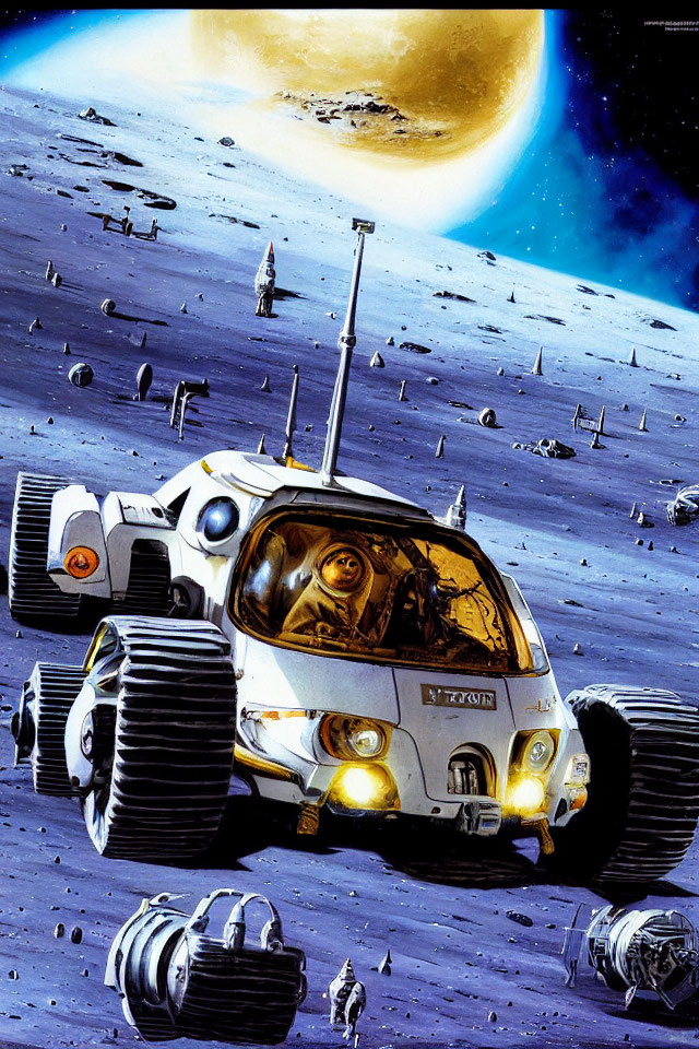 Futuristic lunar rover exploring moon landscape with astronauts, flags, and yellow planet