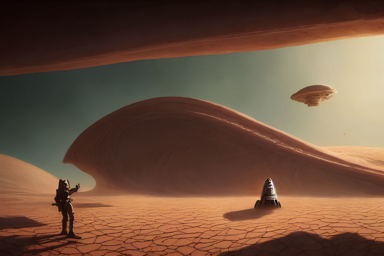 Astronaut pointing at hovering spaceship on alien desert planet