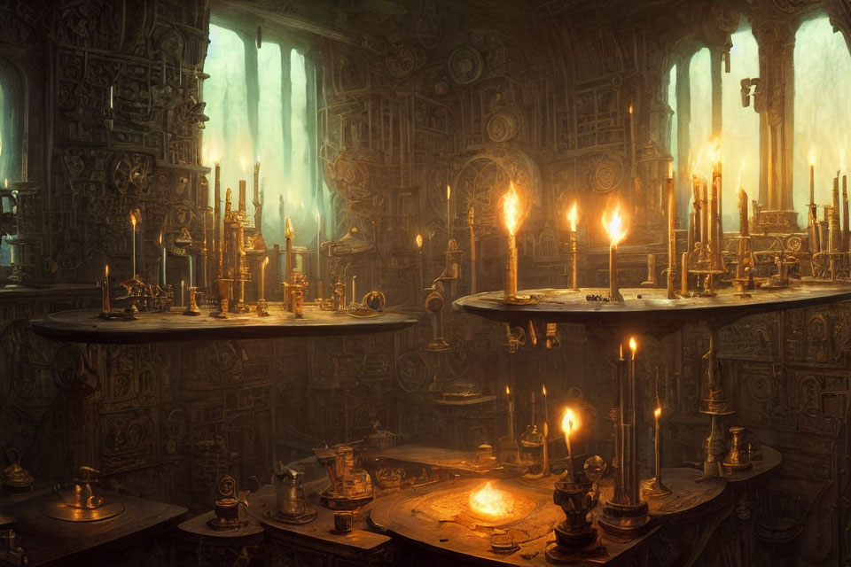 Ancient Library Study Room with Candlelight & Mysterious Artifacts