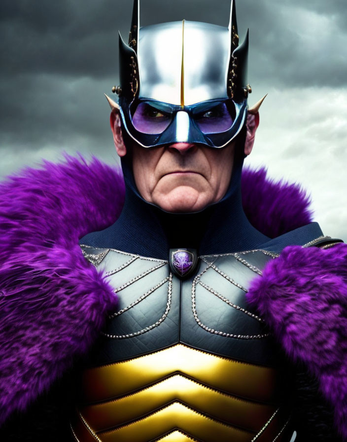 Stylized superhero in metallic gold and black costume with purple fur collar