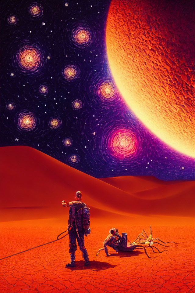 Astronaut on Red Alien Planet with Orange Star and Galaxy Sky