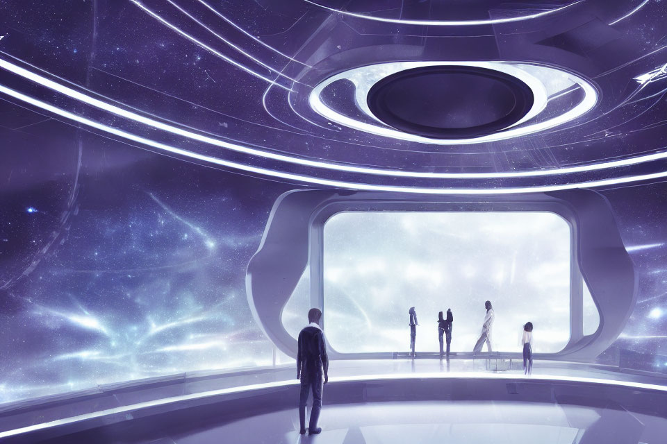 Futuristic circular room with silhouetted figures and cosmic view