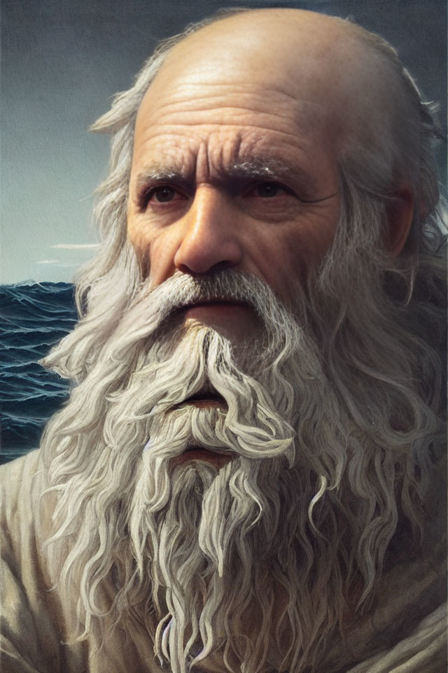 Elderly man with long white beard and intense gaze by the ocean