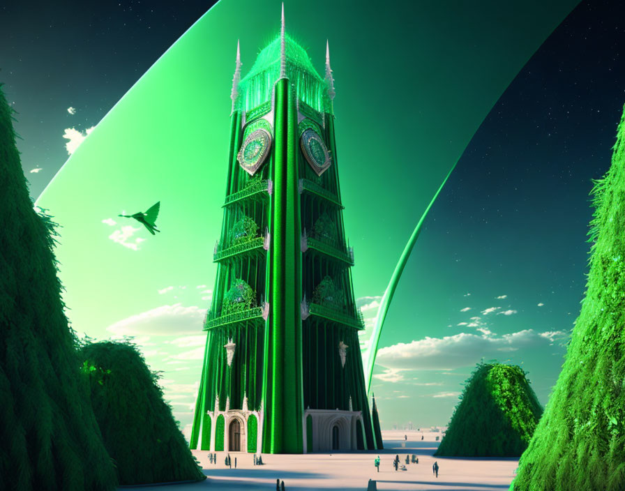 Futuristic green Big Ben clock tower with people, trees, and celestial ring