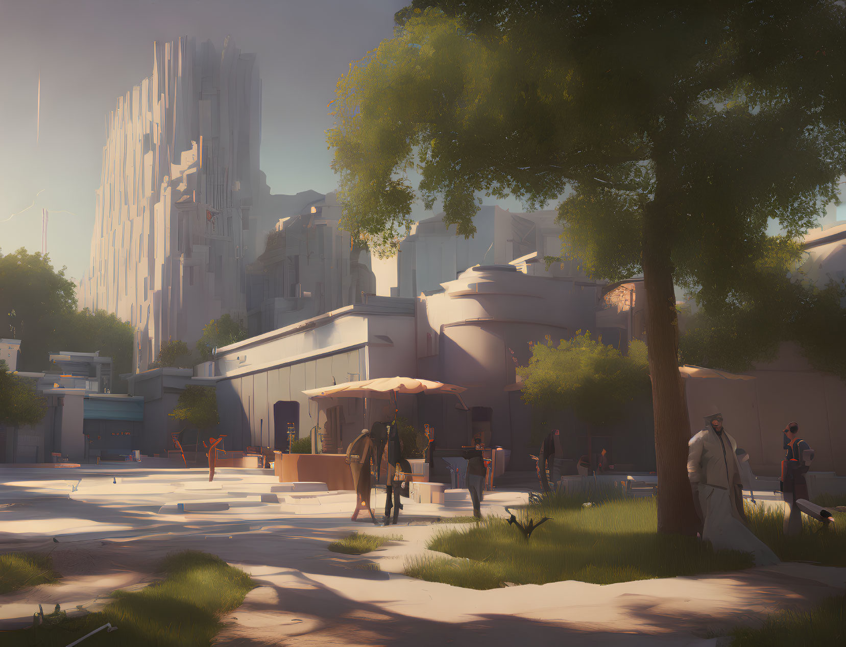 Futuristic cityscape with pedestrians, sunlight, and lush trees