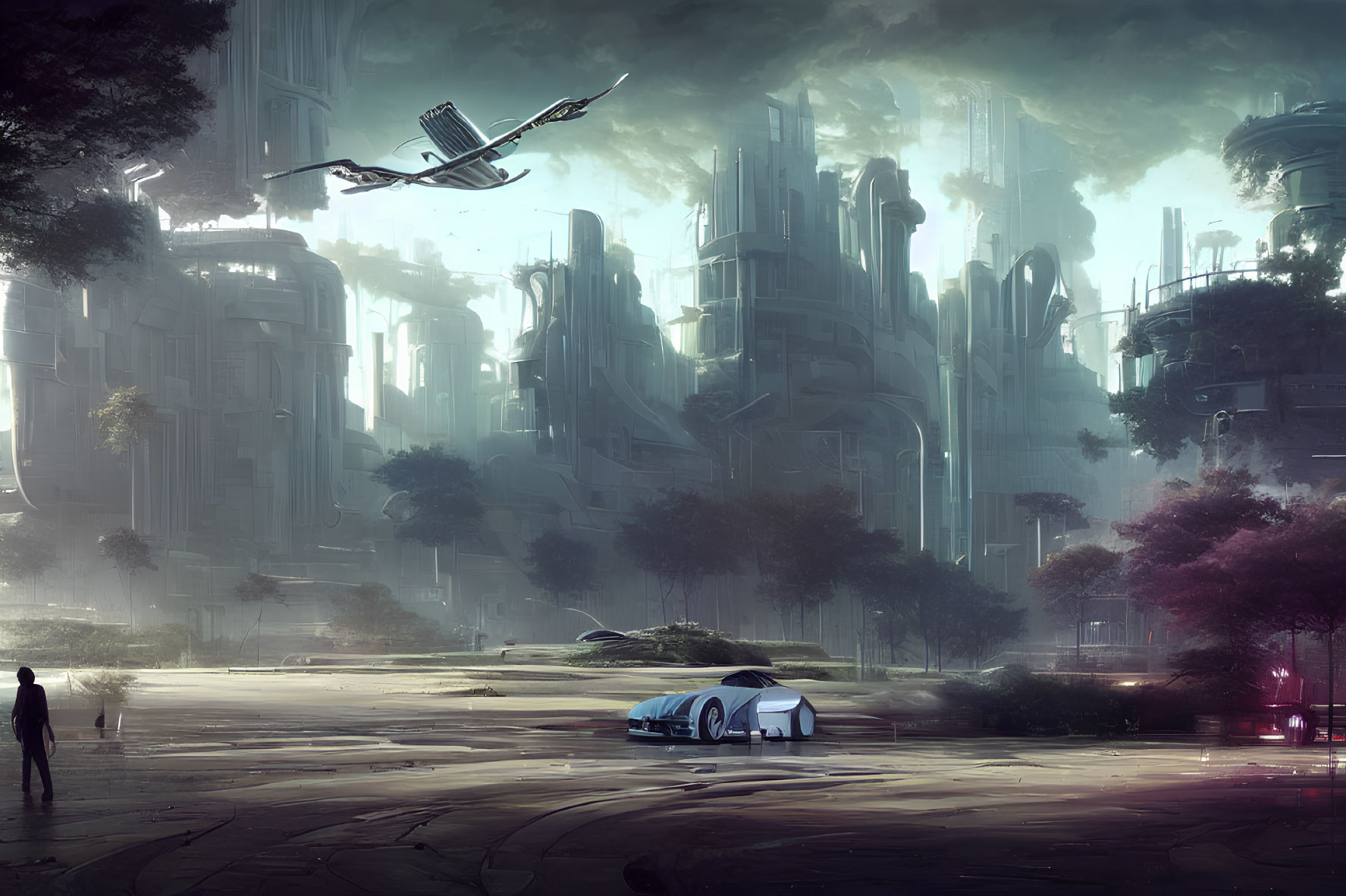 Futuristic cityscape with towering structures, lone figure, vehicle, and flying craft in hazy