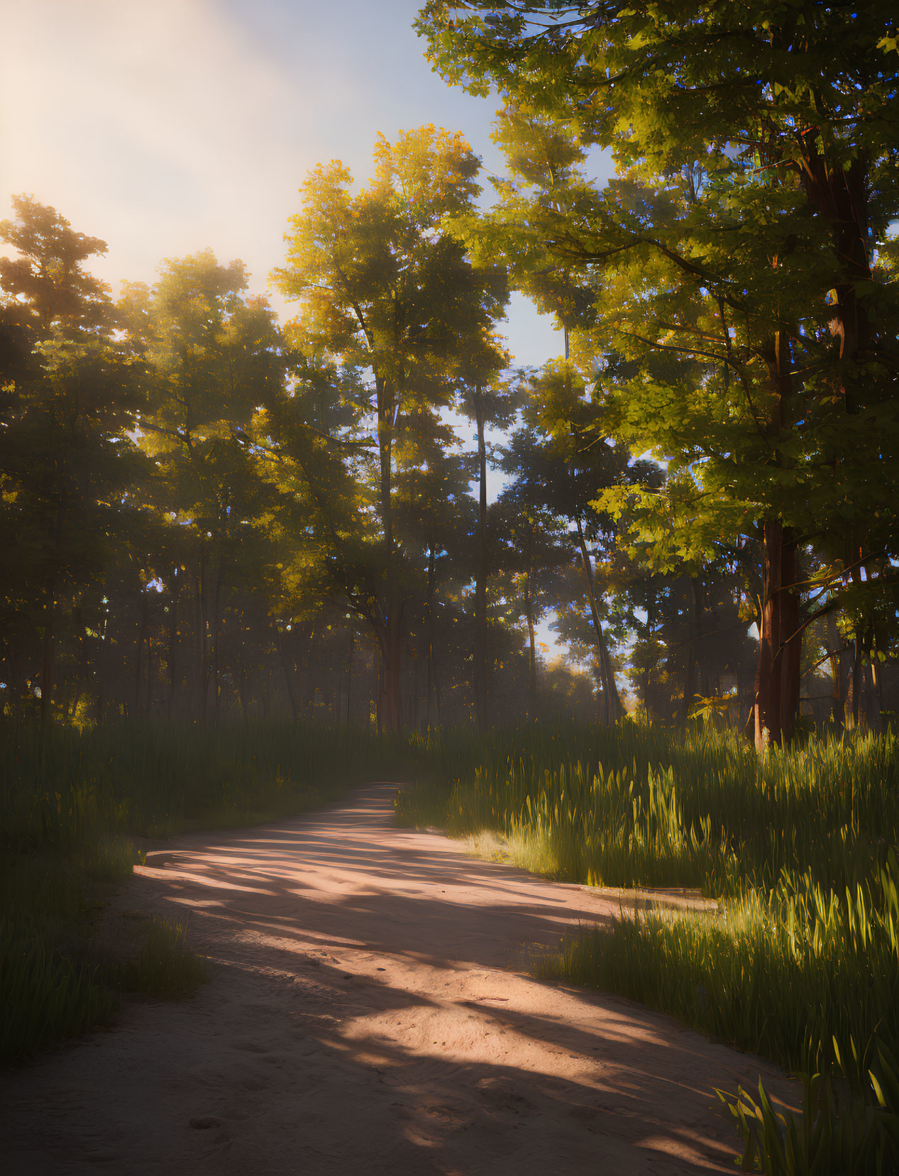 Tranquil Forest Path with Towering Trees and Lush Greenery