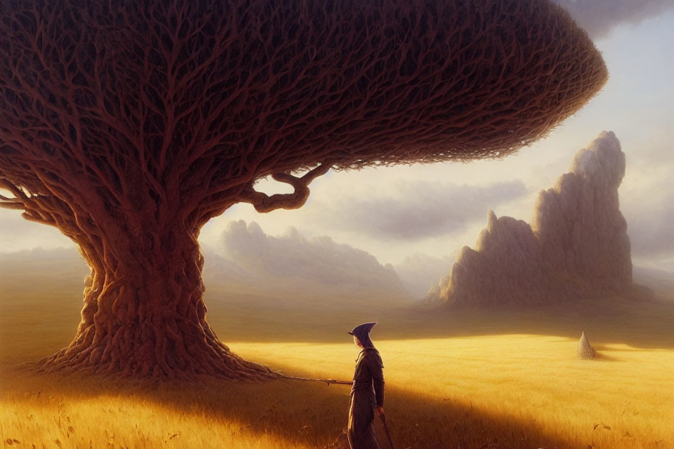 Person in hat walking in surreal landscape with massive tree and golden field.