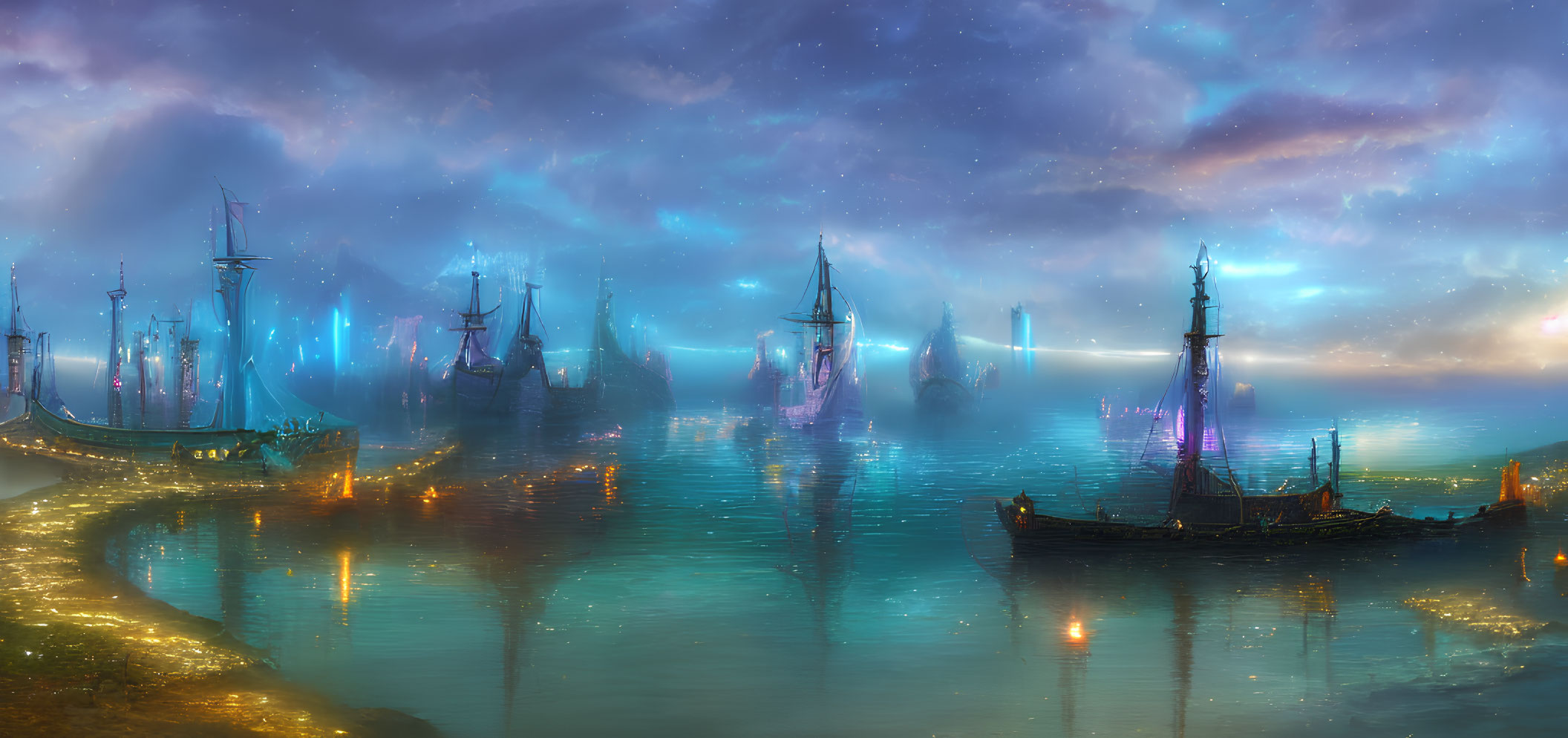 Fantasy harbor scene at twilight with glowing ships and star-filled sky