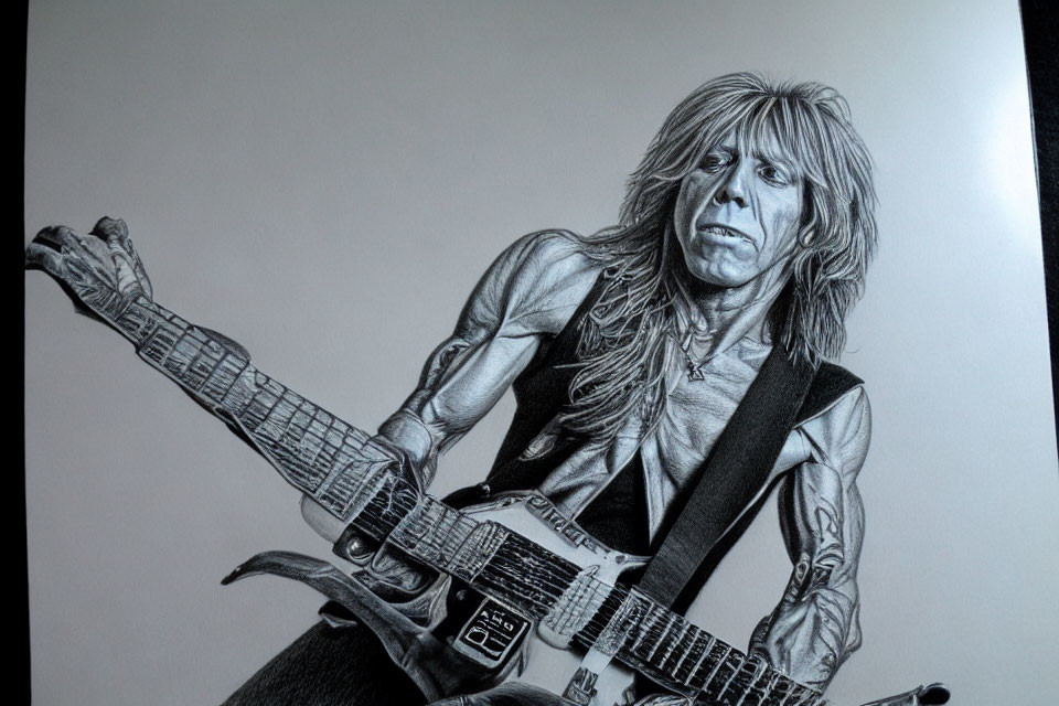 Monochrome sketch of long-haired guitarist playing electric guitar