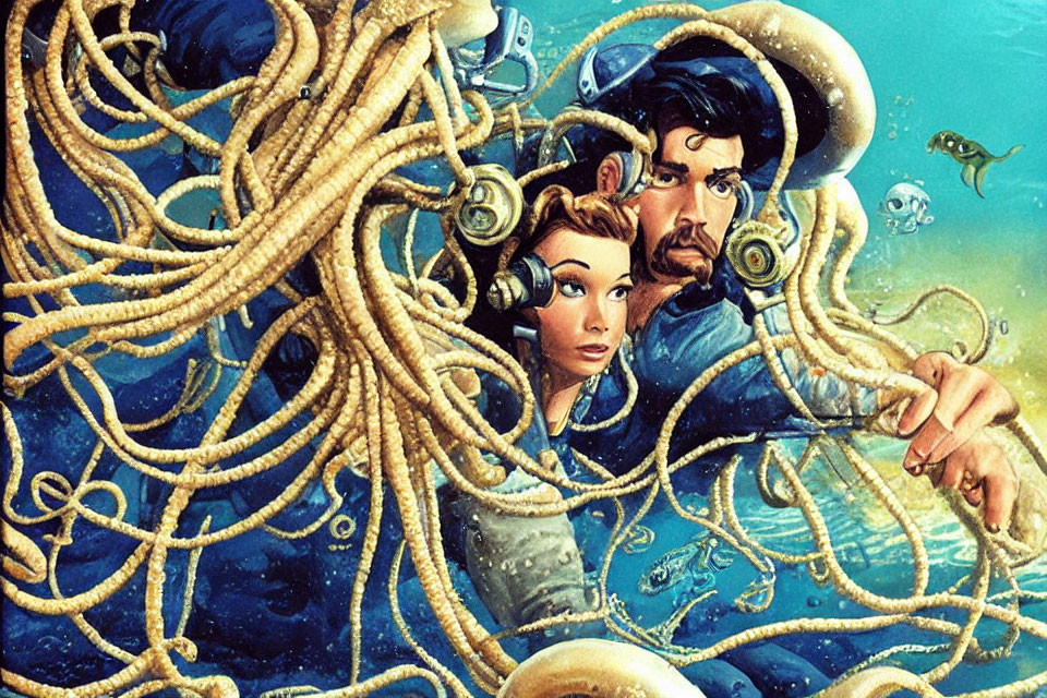 Deep-sea explorers entangled in cables in vibrant underwater scene