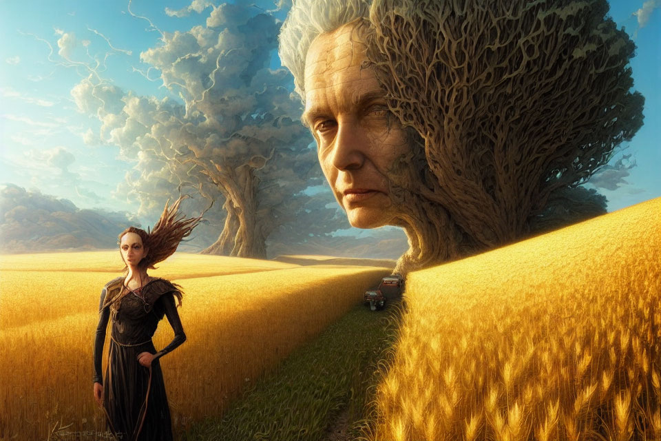 Surreal golden wheat field with tree-like humanoid figures