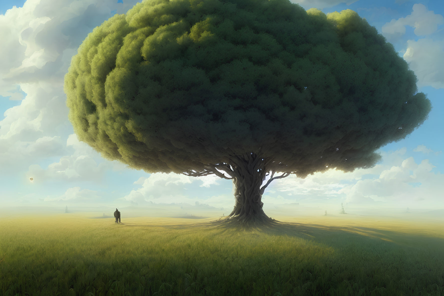 Enormous lush tree in vast field with solitary figure - clear sky