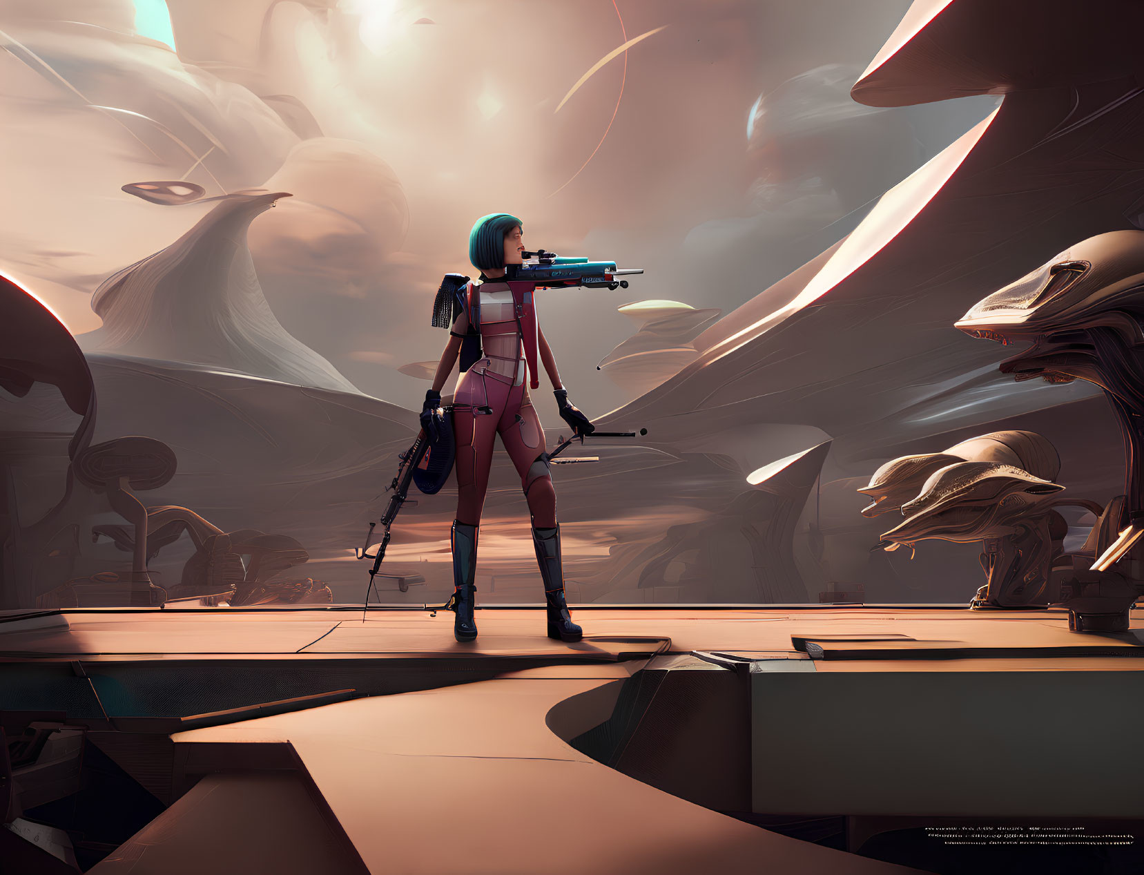 Female cyborg with sniper rifle in futuristic setting with giant mushroom structures under pink sky