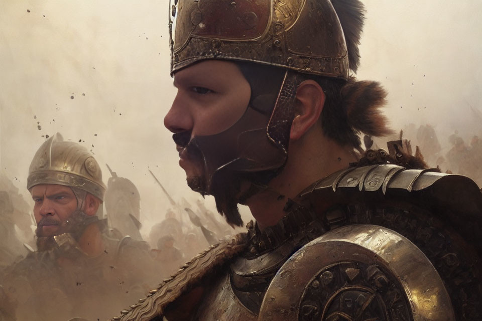 Ancient warrior in fur-lined helmet amidst dusty battle scene