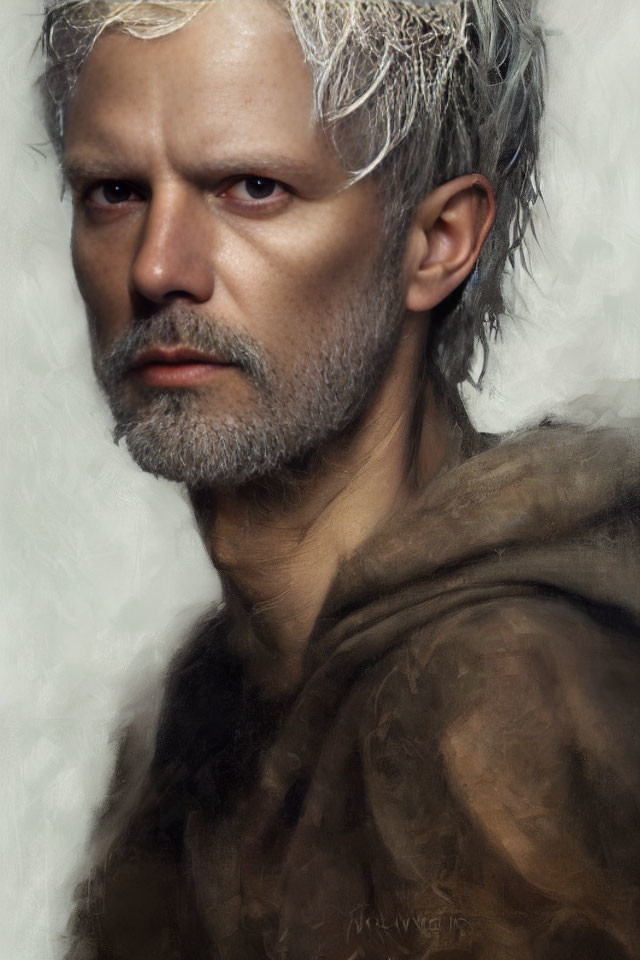 Digital portrait of stern man with grey hair and beard in brown cloak on grey background