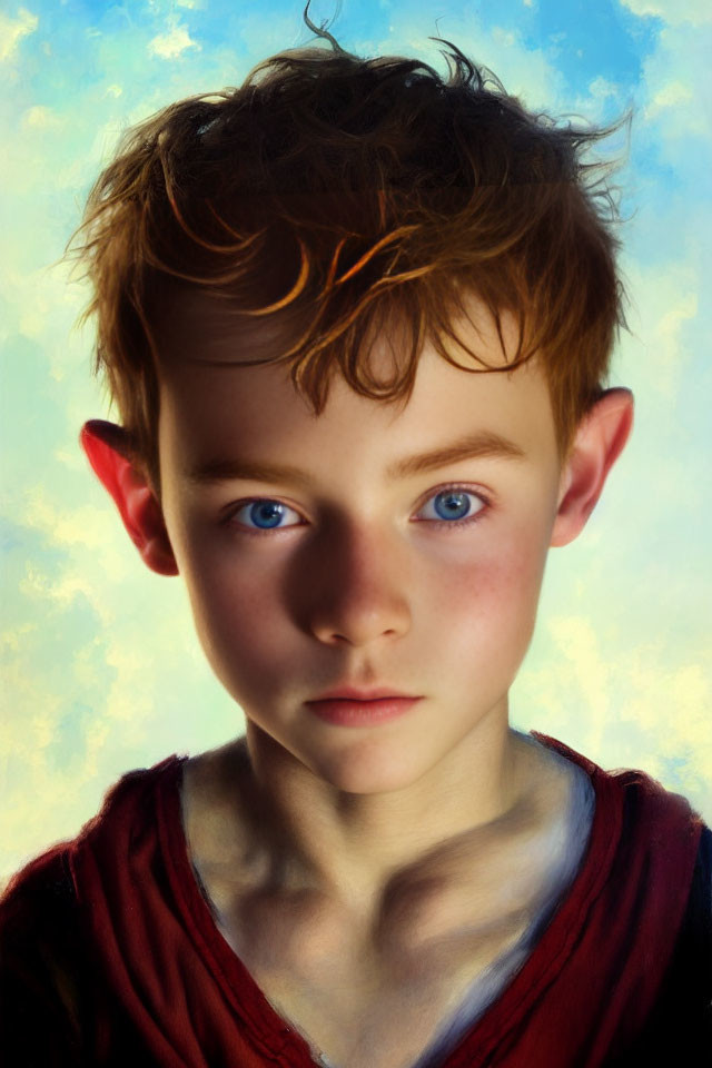 Young boy with pointy ears and blue eyes under cloudy sky