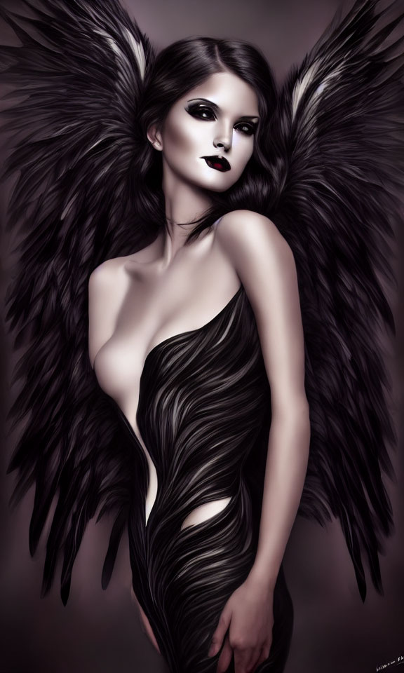 Dark angel woman with flowing black dress and dramatic makeup gaze