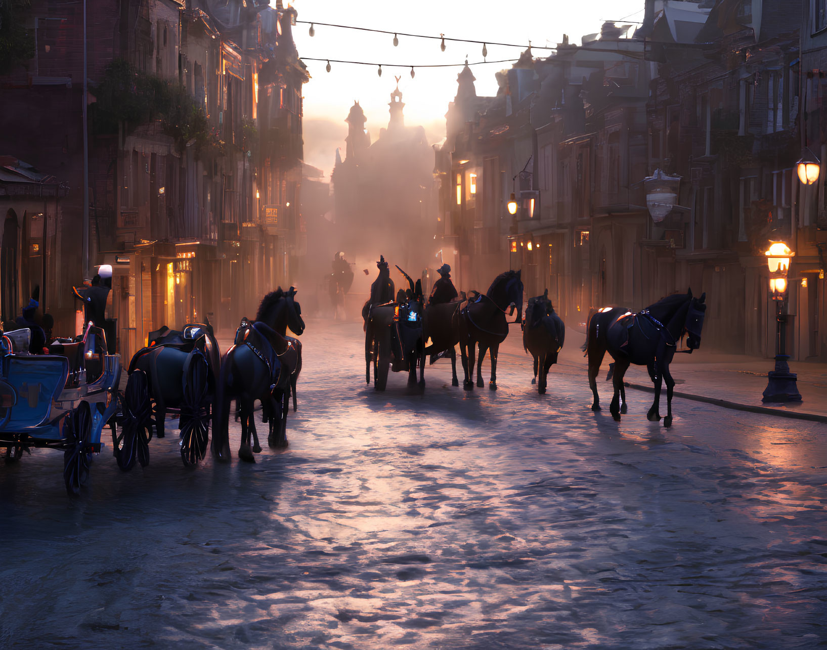 Historical street scene with horse-drawn carriages at dusk