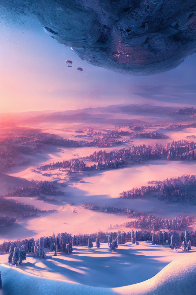 Winter landscape at sunset with alien spacecraft in pink sky