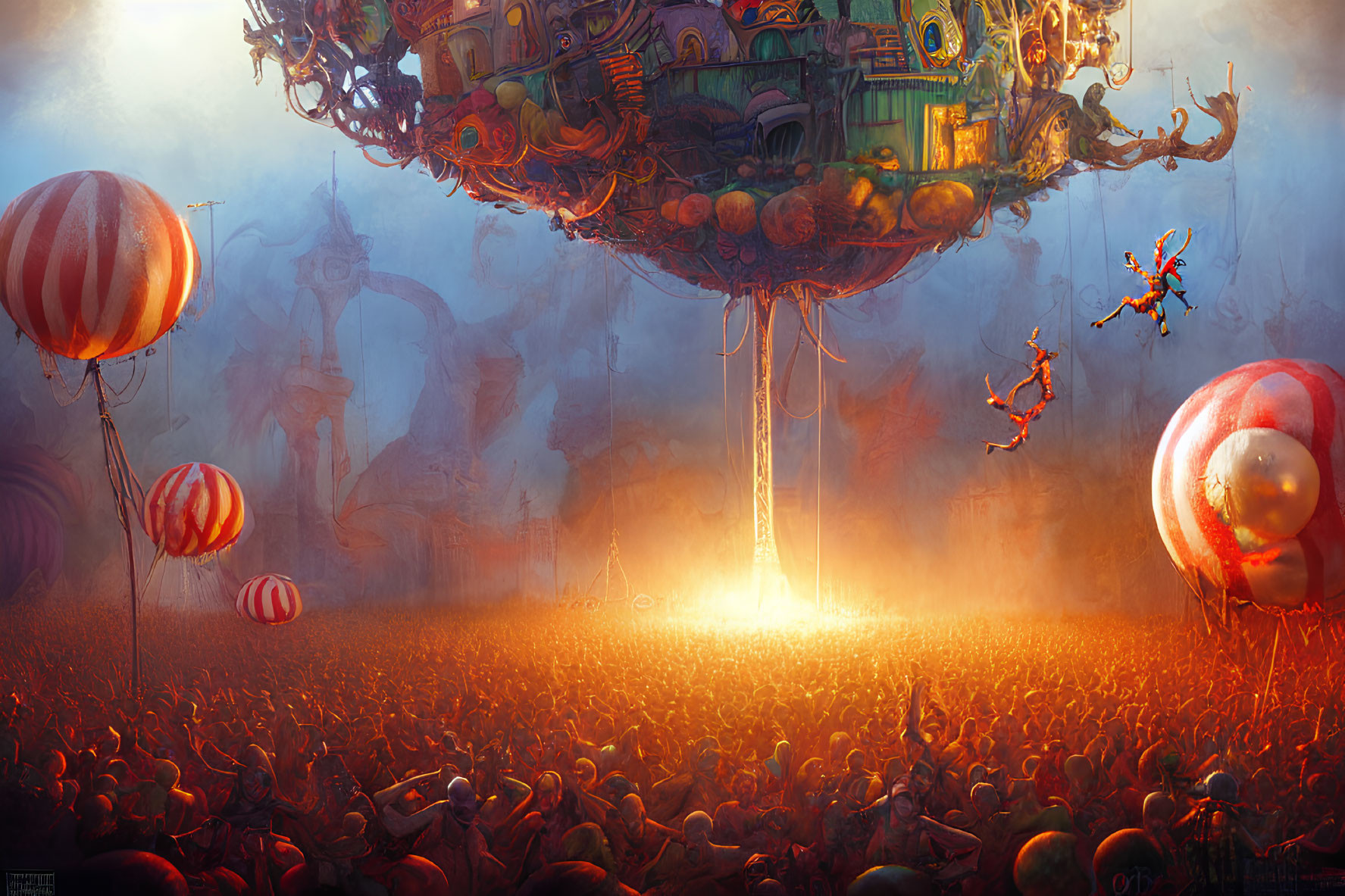 Colorful Floating City Tethered by Ropes Over Crowded Balloon Scene