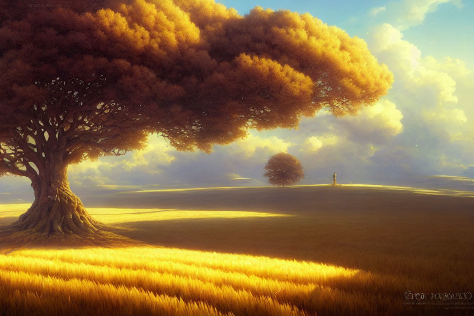 Solitary figure under large tree in golden wheat fields